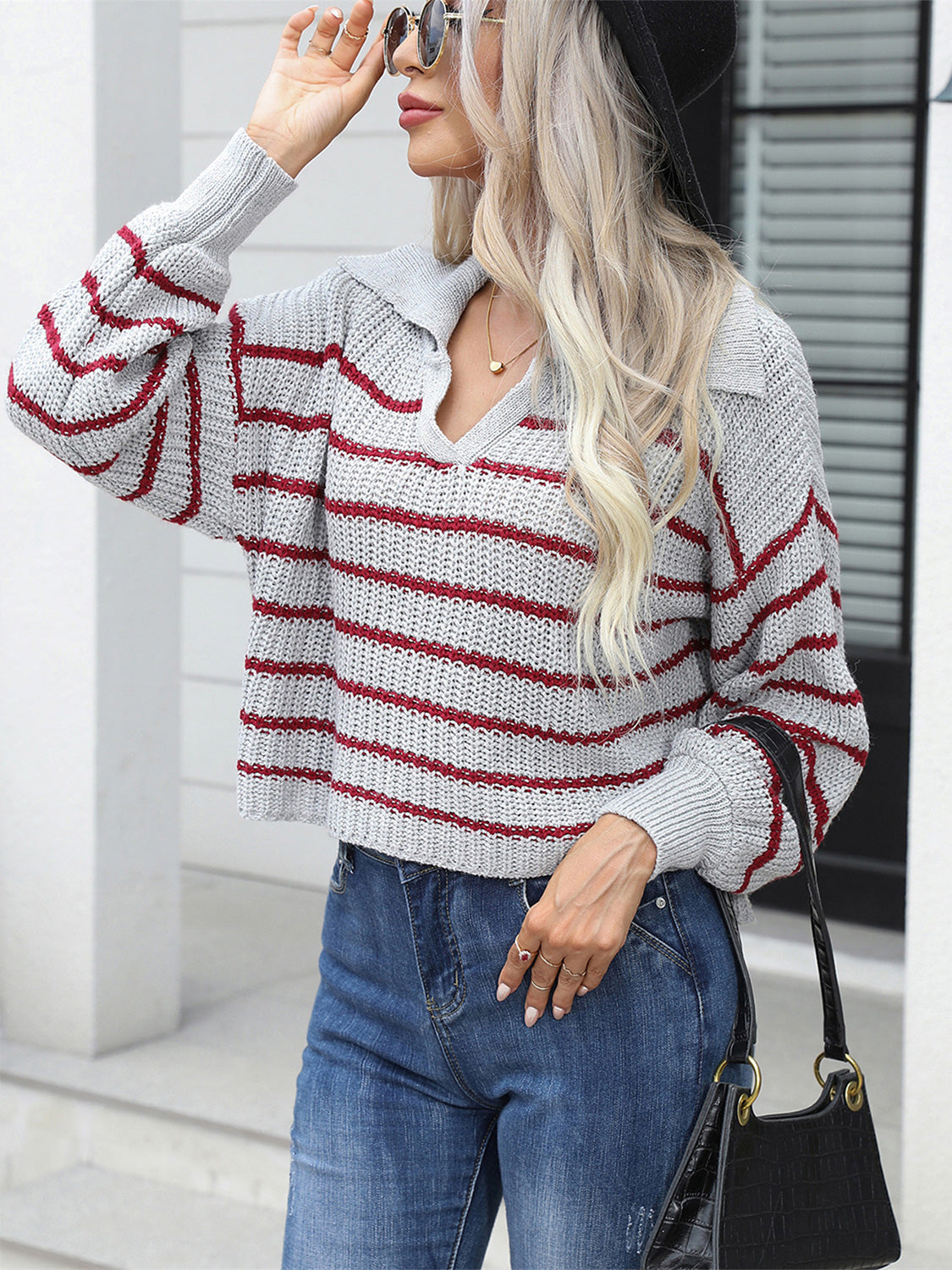 Striped Johnny Collar Rib-Knit Sweater