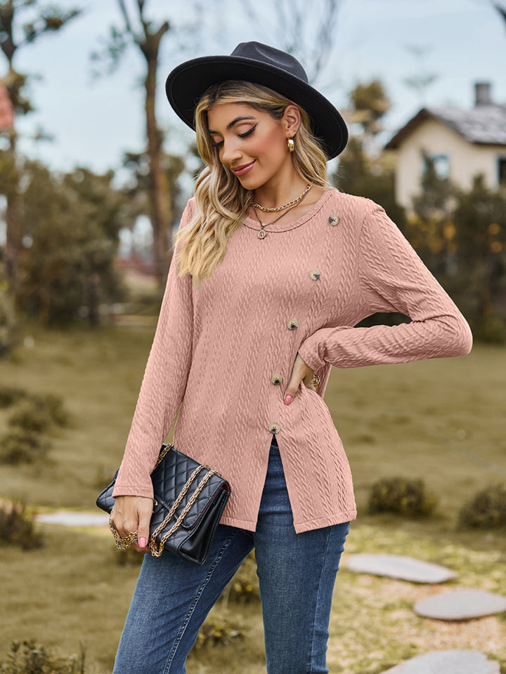 Decorative Button Slit Long Sleeve T-Shirt